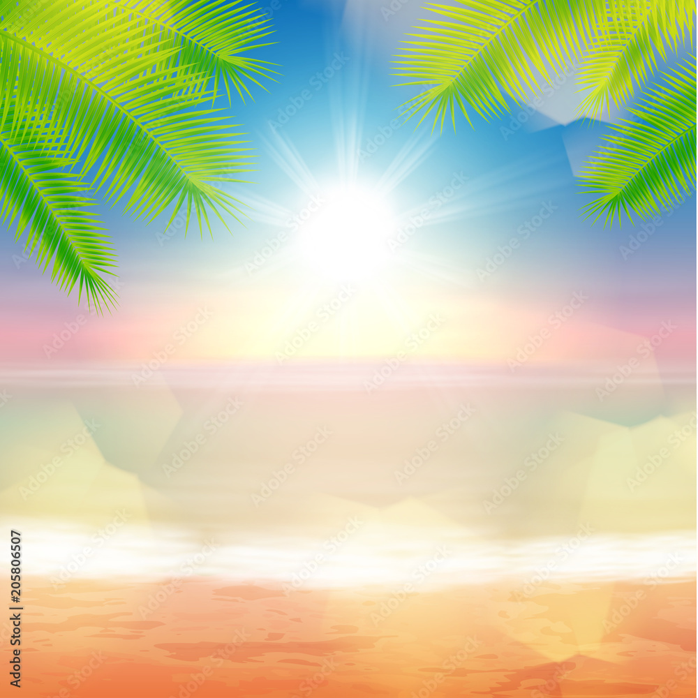 Beach and tropical sea with palmtree leaves and light on lens. EPS10 vector.