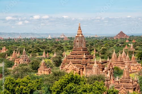 View on temples and stupas in Bagan plain near Mandalay