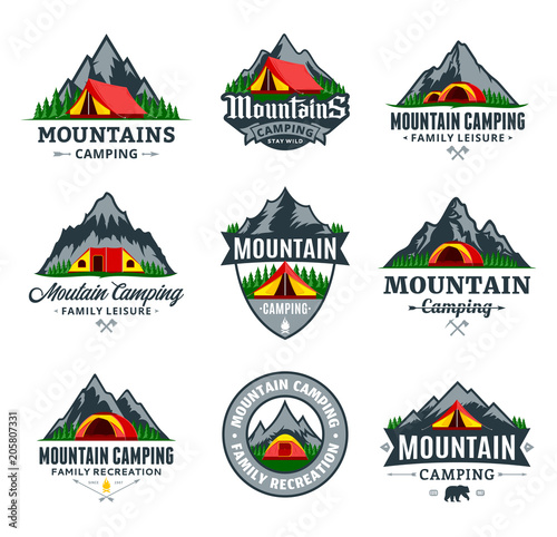 Set of vector mountain camping logo