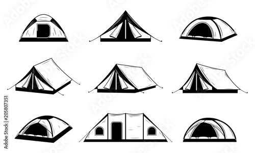 Vector black and white camping tent icons