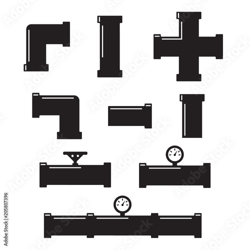 Pipe connector or pipe fitting. Pipe fittings vector icons set