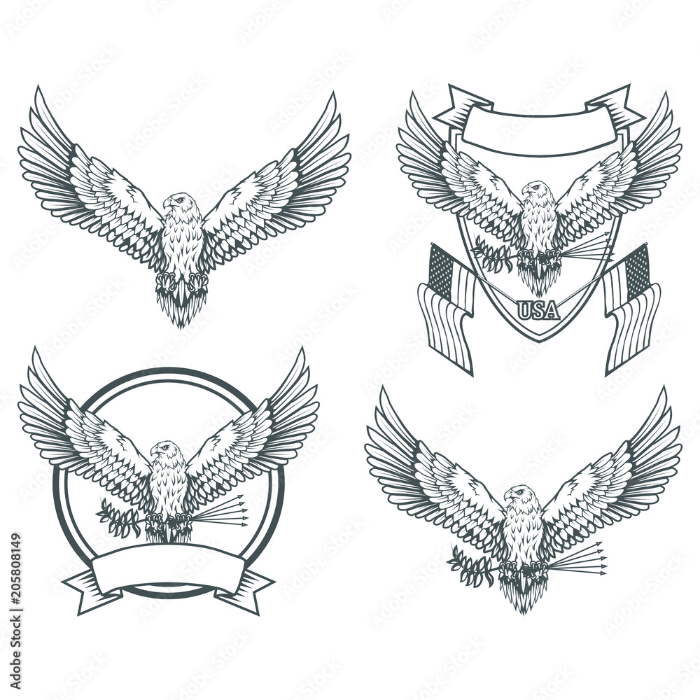 Naklejka premium set of eagles. Bald eagle logo. Wild birds drawing. Head of an eagle. Vector graphics to design.