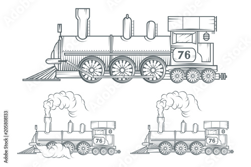 Set of old train logo. Locomotive drawing. Steam transport. Vector graphics to design.