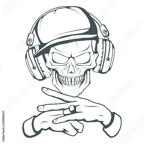 Rap music logo. Rapper skull on white background. Lettering with a microphone. Vector graphics to design.