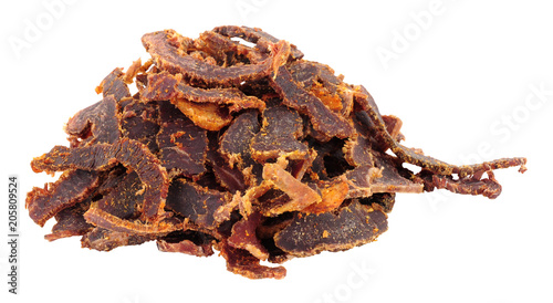 Shredded biltong dried meat isolated on a white background photo