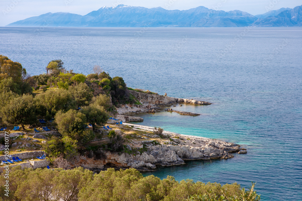 View of the Bataria beach in Kassiopi in Corfu, Greece