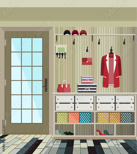 Illustration of an interior of a dressing room with clothes and an entrance door.