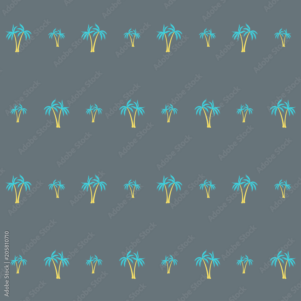 Coconut palm tree pattern textile material tropical forest background. Subtropical vector wallpaper repeating pattern. Marvelous tropical plants, coconut trees, beach palms textile background design.
