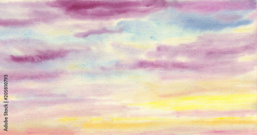 Solid hand drawn artistic background. Colorful clouds. The sky is at sunset. Watercolor painting on paper.