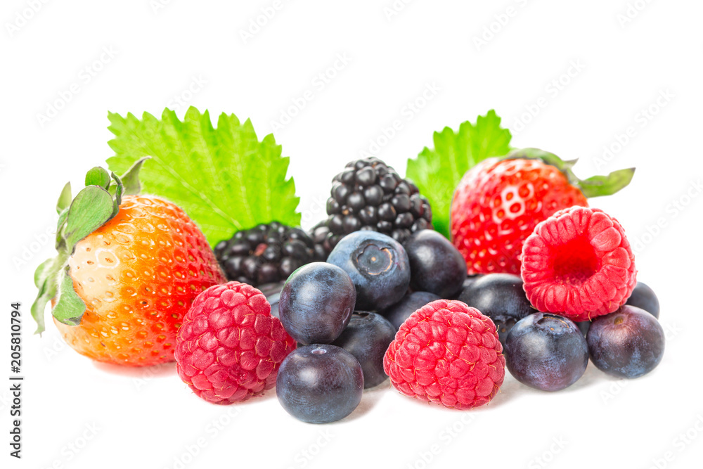 Healthy food berries group. Macro shot of fresh raspberries, blueberries, blackberries and strawberry with leaves isolated on white background. Healthy food berries group. Macro shot of fresh raspberries, blueberries, blackberries and strawberry with leaves isolated on white background.