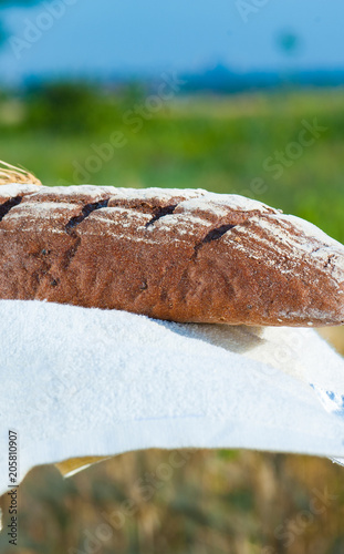 Freshly baked rustic traditional rye bread on white fabric, near the wheat field. Blur focus. Vertical photo