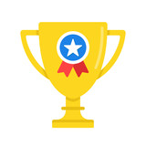 Trophy with award ribbon. Gold cup with medal. Flat design. Vector icon