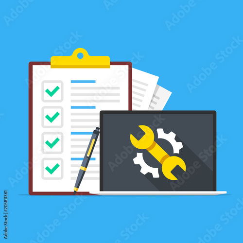 Technical support, IT support. Clipboard with checklist, pen and laptop with wrench and gear repair icon on screen. Modern concept. Flat design. Vector illustration