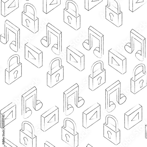 cyber security player music isometric background vector illustration sketch