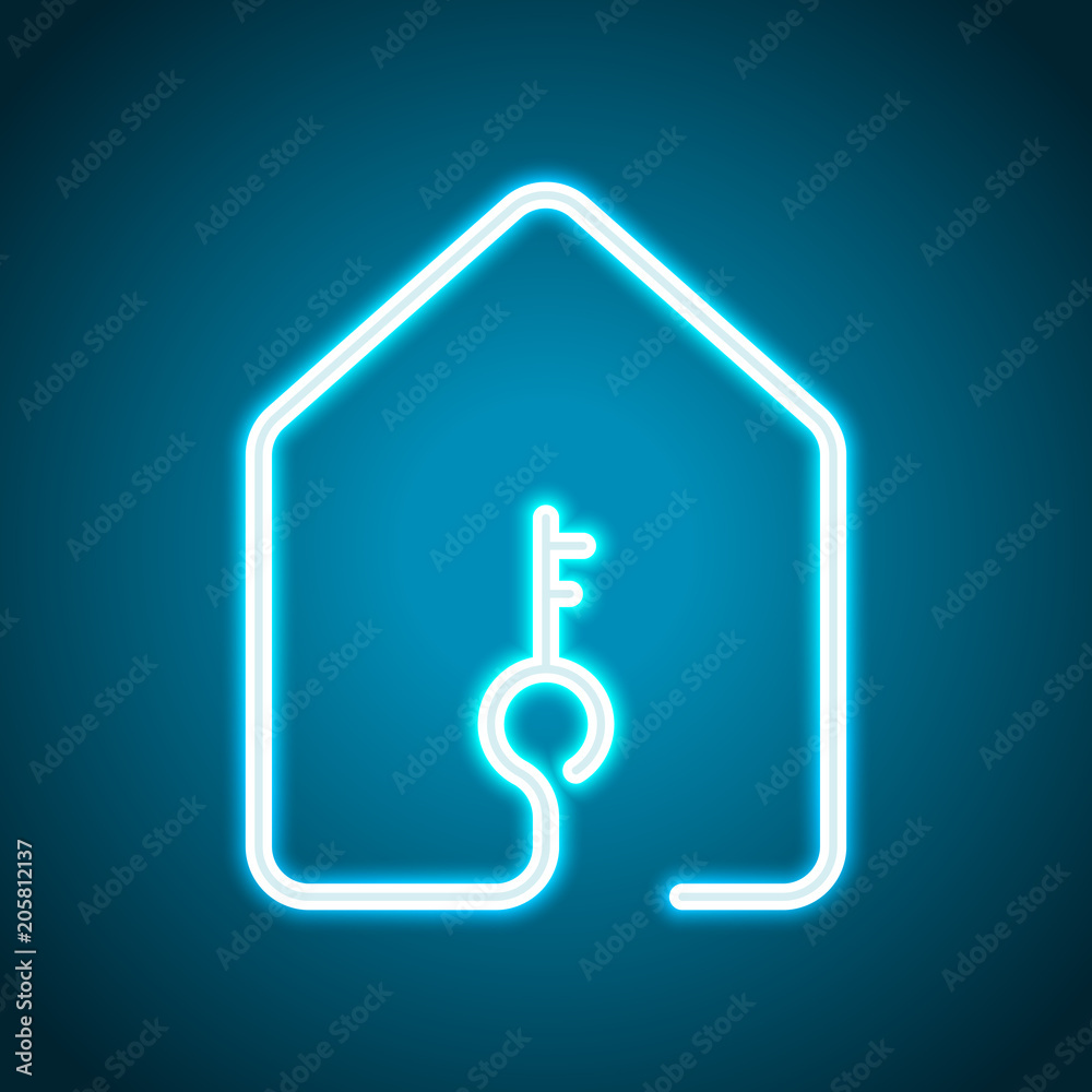 house with key icon. line style. Neon style. Light decoration icon. Bright electric symbol house with key icon. line style. Neon style. Light decoration icon. Bright electric symbol