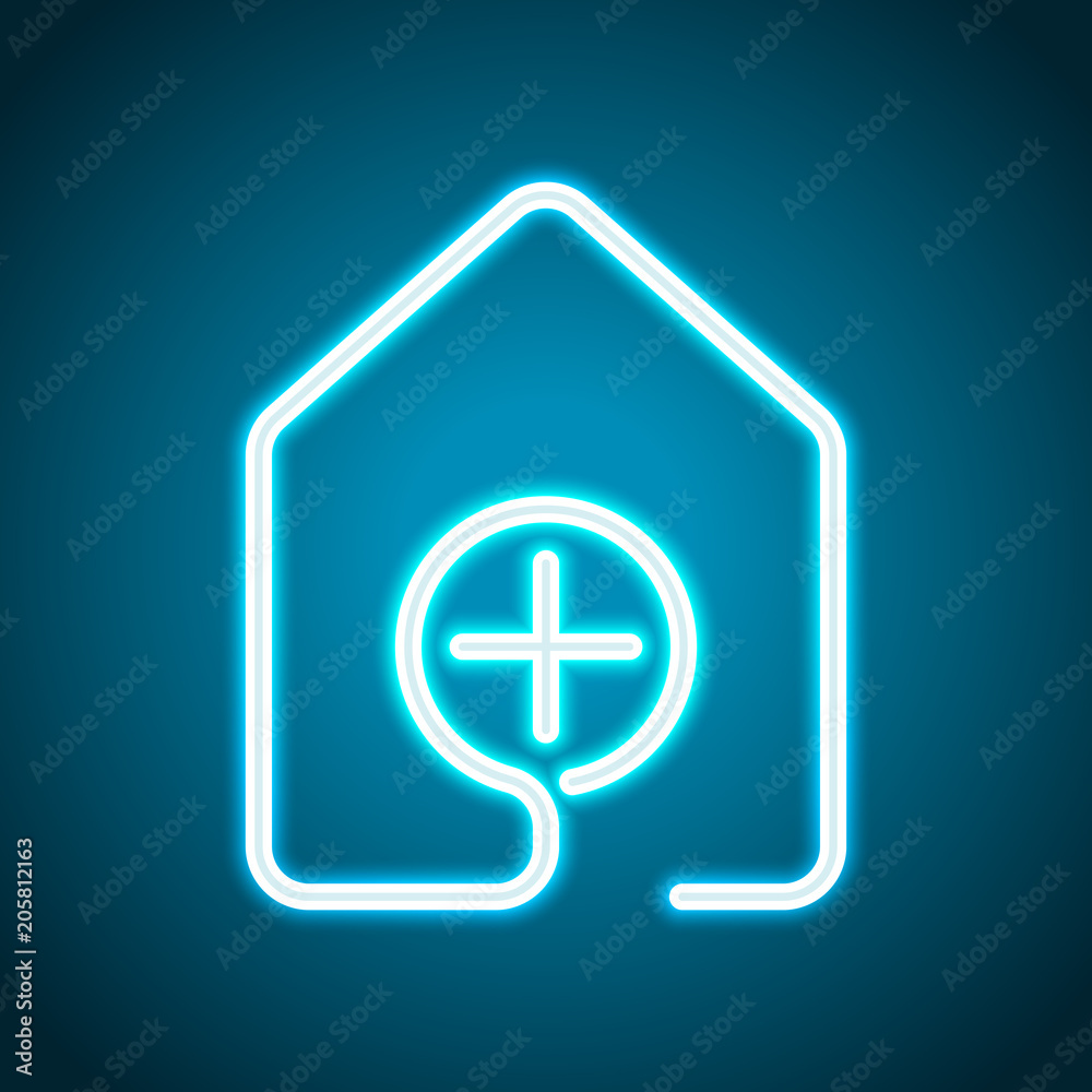 house with medical cross icon. line style. Neon style. Light decoration icon. Bright electric symbol house with medical cross icon. line style. Neon style. Light decoration icon. Bright electric symbol