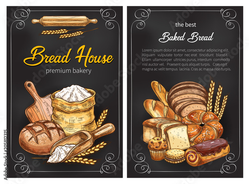 Vector bread sketch posters for premium bakery