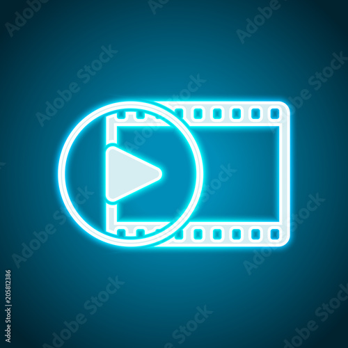 movie strip with play symbol in circle. simple silhouette. Neon style. Light decoration icon. Bright electric symbol