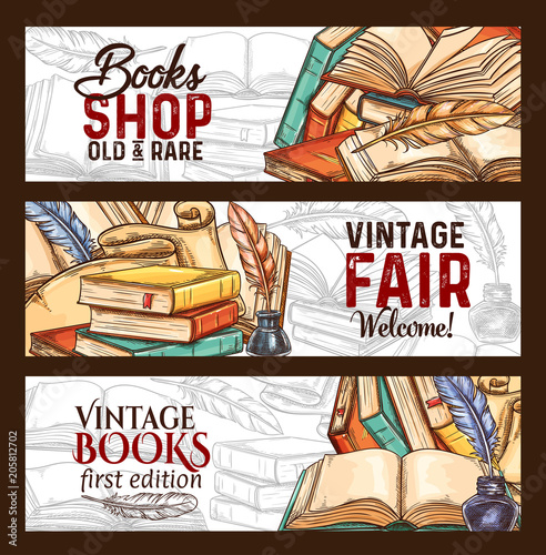 Vector sketch banners vintage books shop fair