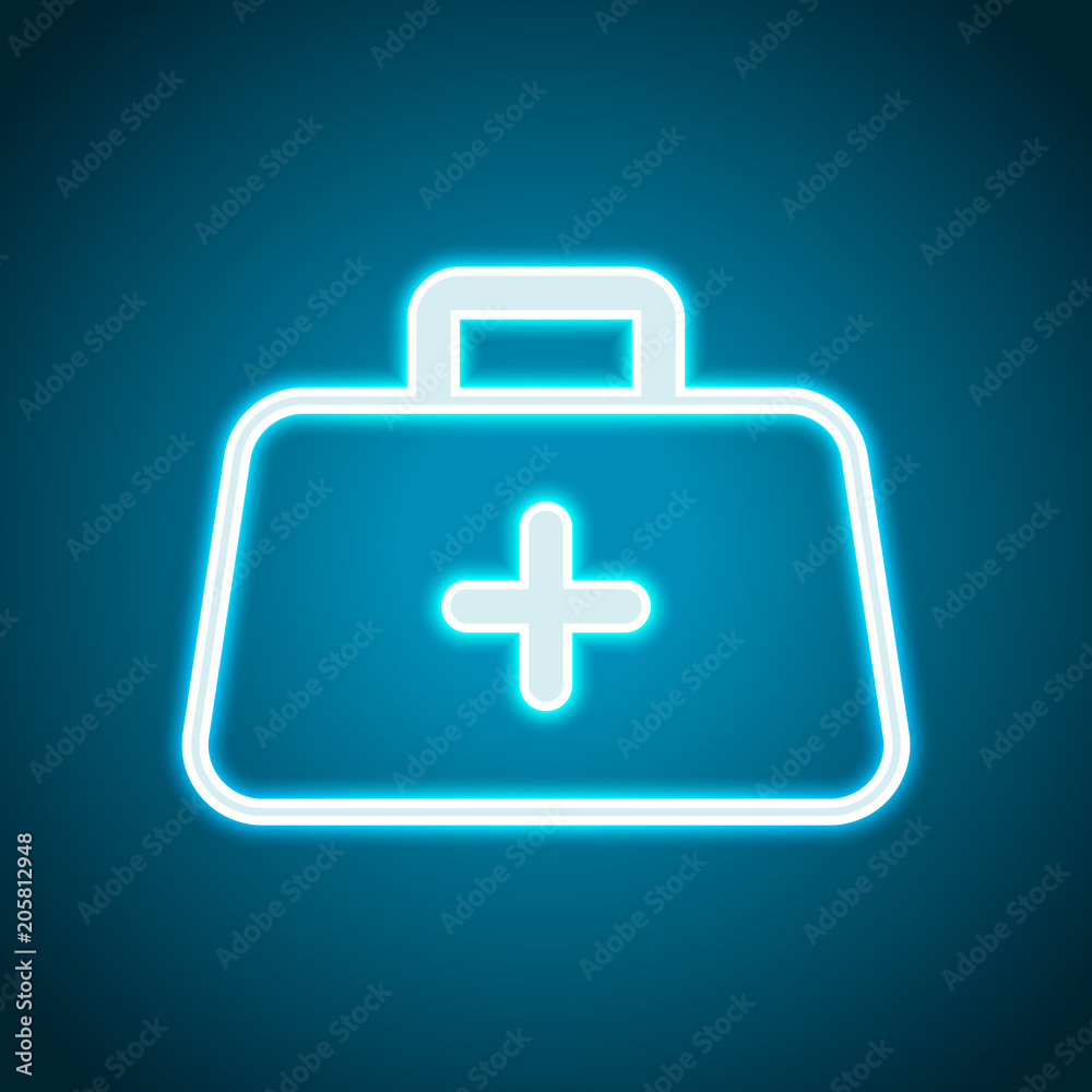 Obraz premium first-aid kit, outline symbol. Neon style. Light decoration icon. Bright electric symbol