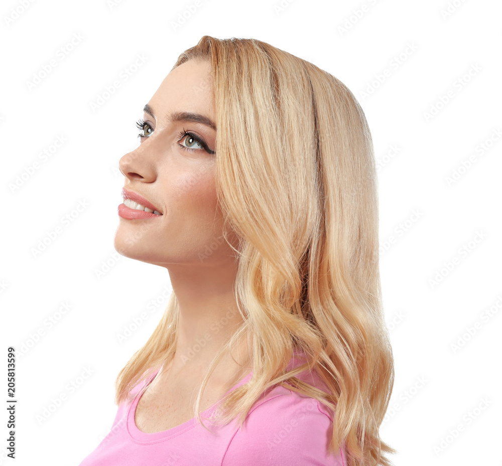 Young beautiful smiling woman on white background Young beautiful smiling woman on white background
