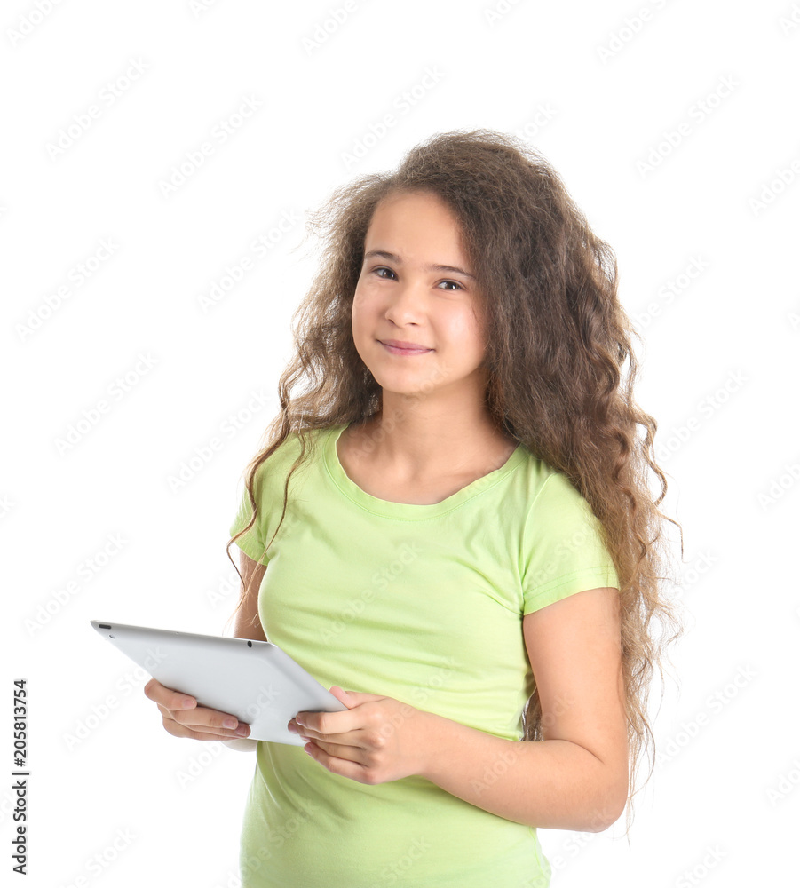 Stylish teenager using tablet computer against white background Stylish teenager using tablet computer against white background