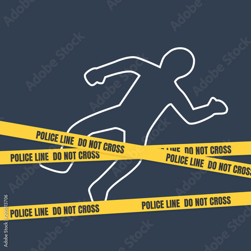 Crime scene with body outline. Police line do not cross tape