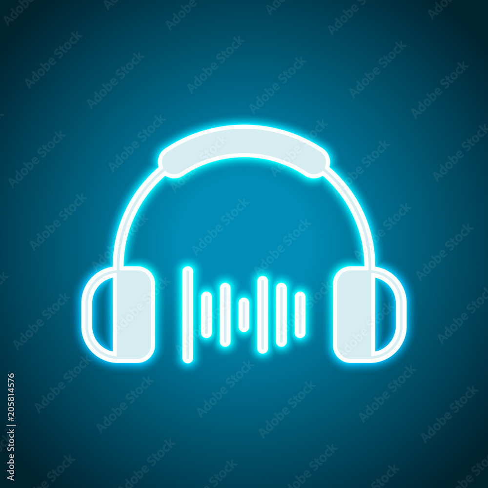 Headphones and music wave. Medium volume level. Simple icon. Neon style. Light decoration icon. Bright electric symbol Headphones and music wave. Medium volume level. Simple icon. Neon style. Light decoration icon. Bright electric symbol