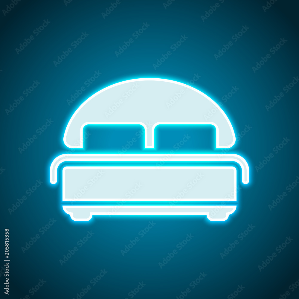 Silhouette of double bed. Double hotel room. Neon style. Light decoration icon. Bright electric symbol Silhouette of double bed. Double hotel room. Neon style. Light decoration icon. Bright electric symbol