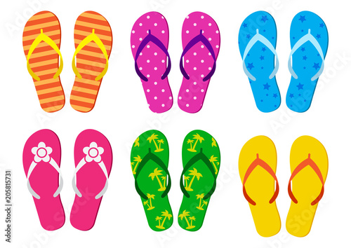 Colorful set of summer flip flops. Vector illustration