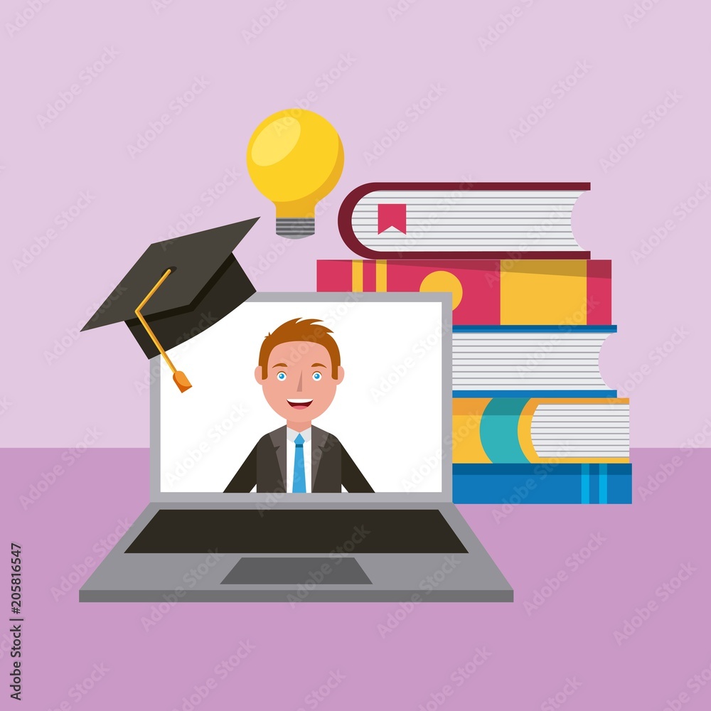 teacher in laptop graduation cap and books idea learning online education vector illustration