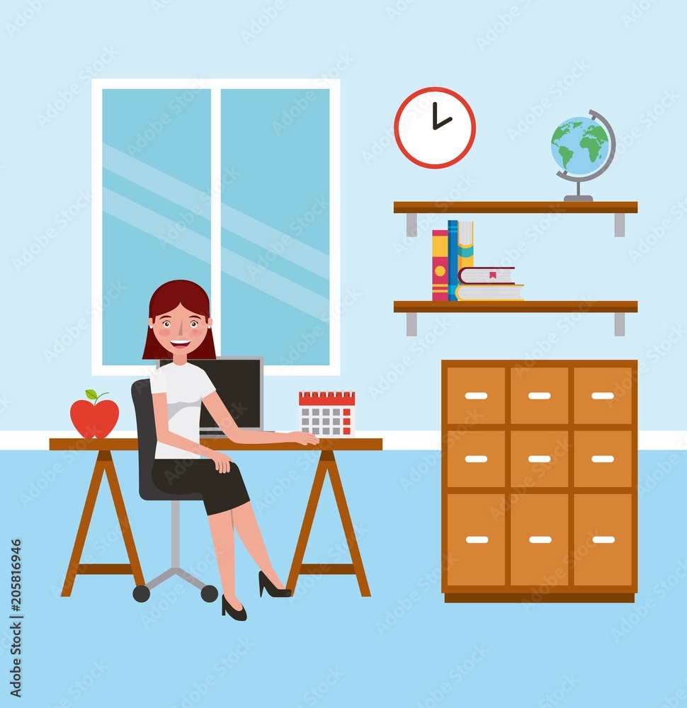teacher woman in classroom with desk cabinet learning vector illustration teacher woman in classroom with desk cabinet learning vector illustration
