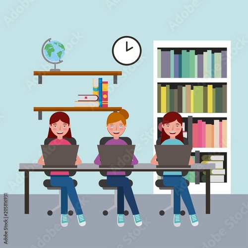 group girls sitting in classroom with laptops learning vector illustration
