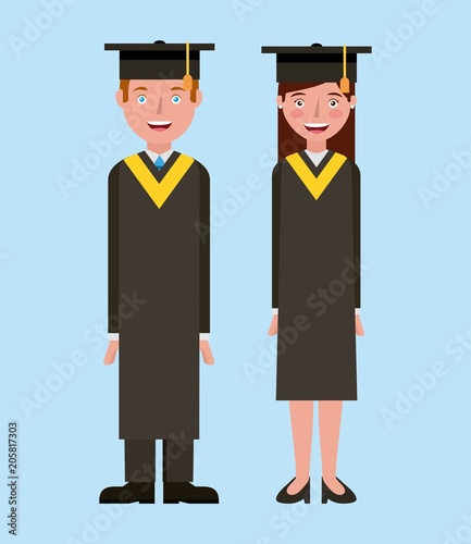 graduate students boy and girl in graduation clothes vector illustration