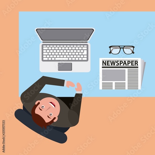businessman working at computer with newspaper and glasses looking up vector illustration