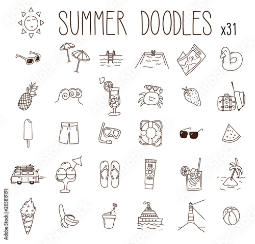 Set of 31 summer drawings. Vector doodle hand drawn icons. Beach, vacations, seasonal food and drinks and other summer illustrations