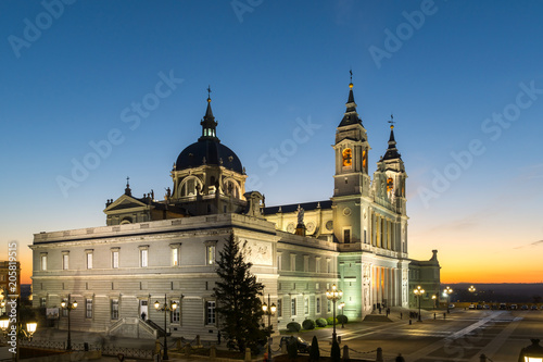 Amazing Sunset view of Almudena Cathedral in City of Madrid  Spain