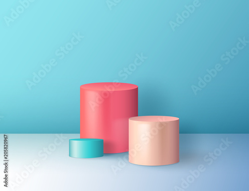 Minimal abstract colorful cylinder shape, wall scene. Platform, podium to advertise various objects. Vector illustration. Pastel colors