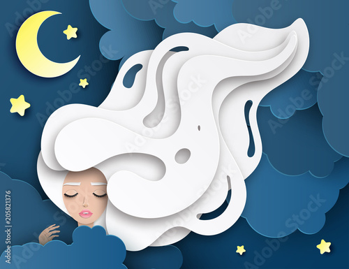 Vector portrait of sleeping young beautiful woman with long wavy hair. Fluffy paper clouds, moon and stars. Sweet dreams concept. Modern digital paper layered art. Origami style.