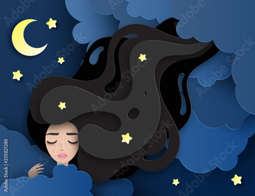 Vector portrait of sleeping young beautiful woman with long wavy hair. Fluffy paper clouds, moon and stars. Sweet dreams concept. Modern digital paper layered art. Origami style.