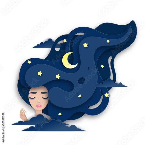 Vector portrait of sleeping young beautiful woman with long wavy hair. Fluffy paper clouds, moon and stars. Sweet dreams concept. Modern digital paper layered art. Origami style.