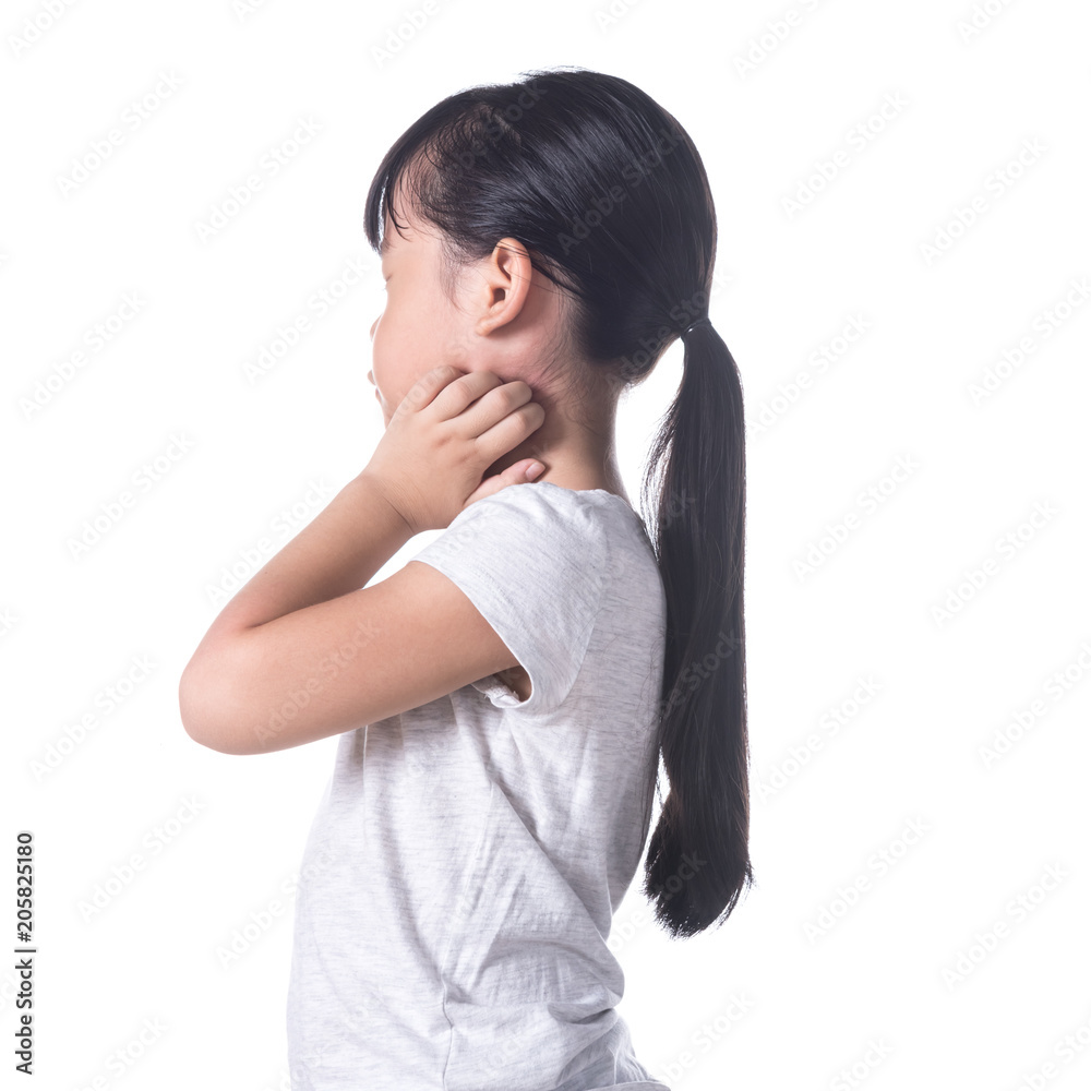 Girl with a rash scratching his neck isolated on white Girl with a rash scratching his neck isolated on white