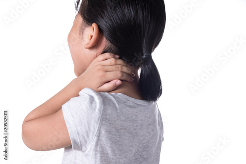 Cute little girl having neck pain, isolated on white