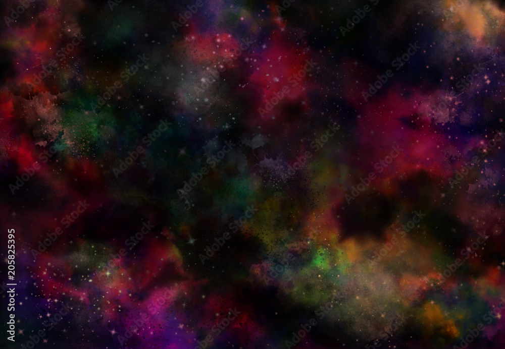 Star field in galaxy space with nebulae, abstract watercolor digital art painting for texture background