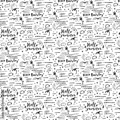 Hand drawn summer seamless pattern with palm rees, sea, clouds and birds. Hello Summer Beach Party brush hand lettering