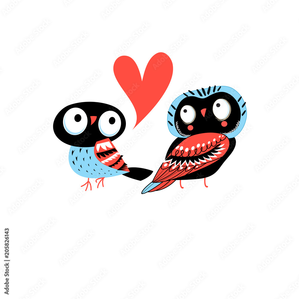 Bright greeting card with owls in love