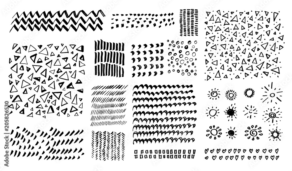 Vector set of grungy hand drawn textures. Lines, circles, waves, brush ...