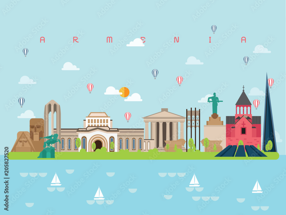 Armenia Famous Landmarks Infographic Templates for Traveling Minimal Style and Icon, Symbol Set Vector Illustration Can be use for Poster Travel book, Postcard, Billboard.
