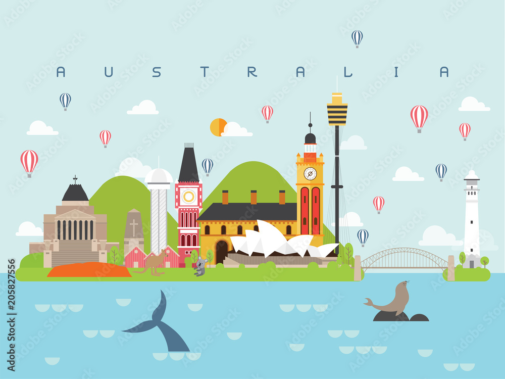 Australia Famous Landmarks Infographic Templates for Traveling Minimal Style and Icon, Symbol Set Vector Illustration Can be use for Poster Travel book, Postcard, Billboard.