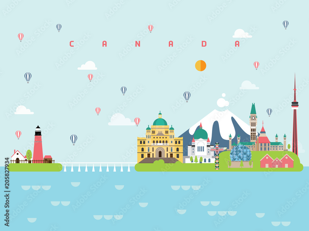 Canada Famous Landmarks Infographic Templates for Traveling Minimal Style and Icon, Symbol Set Vector Illustration Can be use for Poster Travel book, Postcard, Billboard.